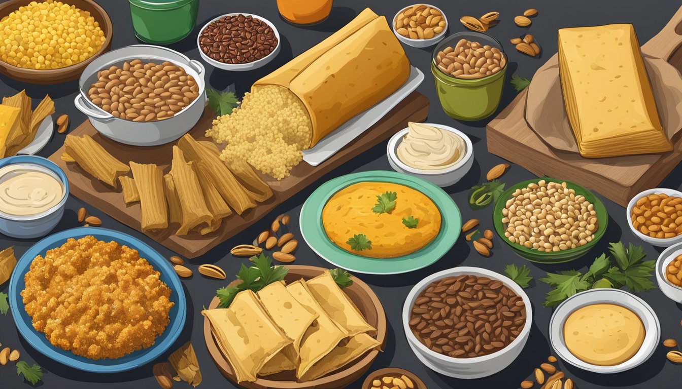 A festive table spread with traditional Texas New Year's Eve foods, including tamales, black-eyed peas, and cornbread, surrounded by family and friends