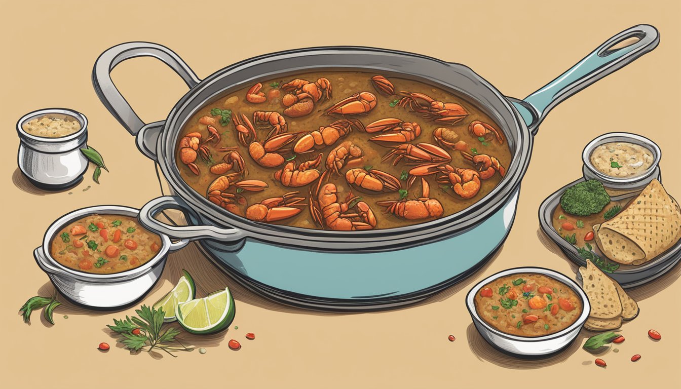 A steaming pot of spicy crawfish étouffée simmering on a Texas-inspired seafood recipe spread