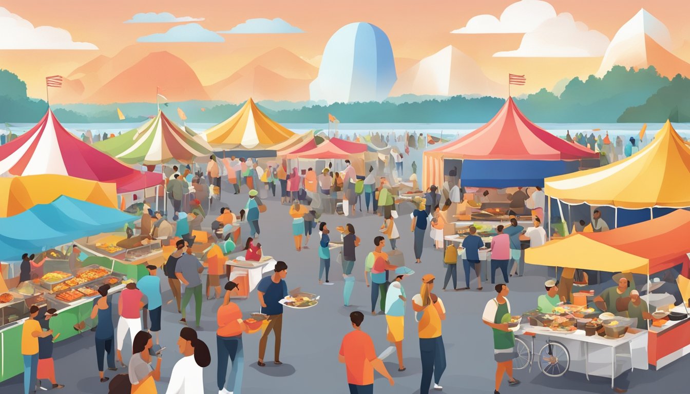 A bustling outdoor food festival with colorful tents, smoke rising from grills, and people sampling a variety of seafood dishes