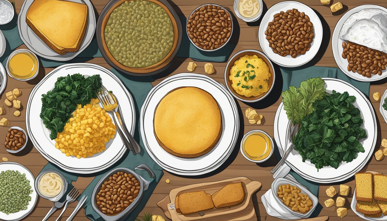 A table set with traditional Texas New Year's Eve foods, including black-eyed peas, cornbread, and collard greens