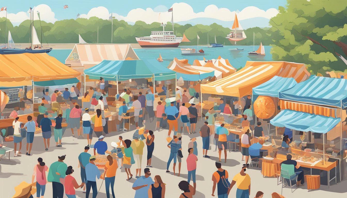 A bustling seafood festival with colorful booths, live music, and crowds of people enjoying fresh seafood dishes in the warm Texas sunshine