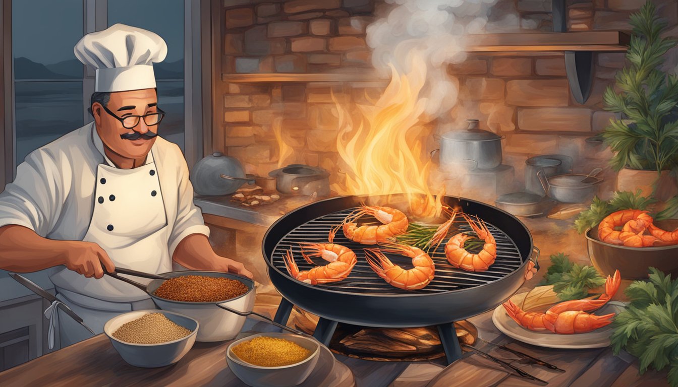 A chef grilling shrimp and fish over an open flame, surrounded by Texan spices and seasonings