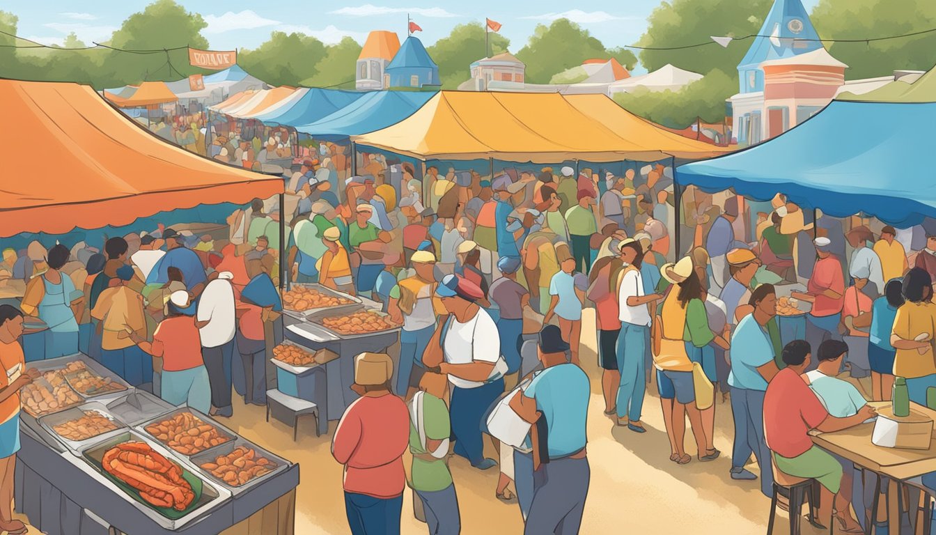 A bustling seafood festival in Texas, with rows of vendors offering fresh catches paired with local wines. Crowds gather under colorful tents, enjoying the lively atmosphere