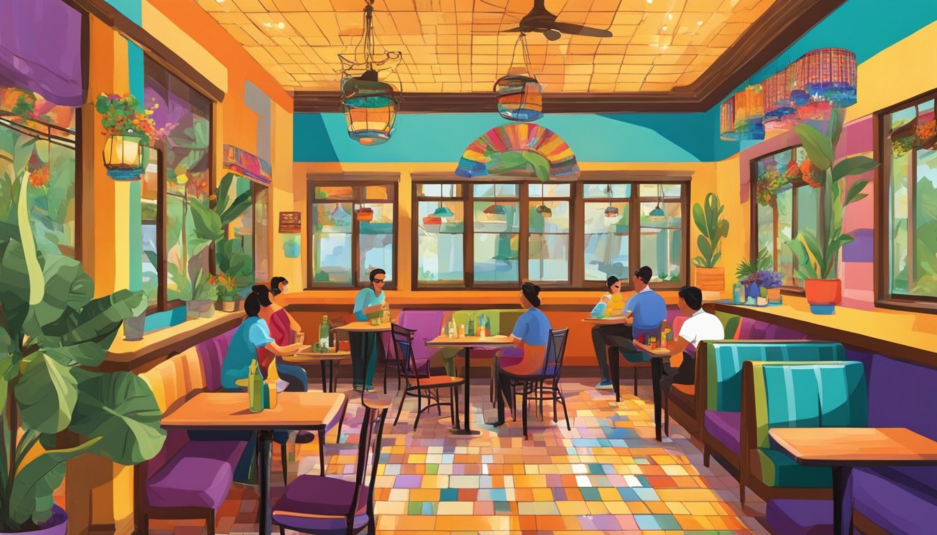 Colorful interior with tiled floors, vibrant murals, and festive decor. Tables set with Tex-Mex dishes, patrons enjoying meals and drinks