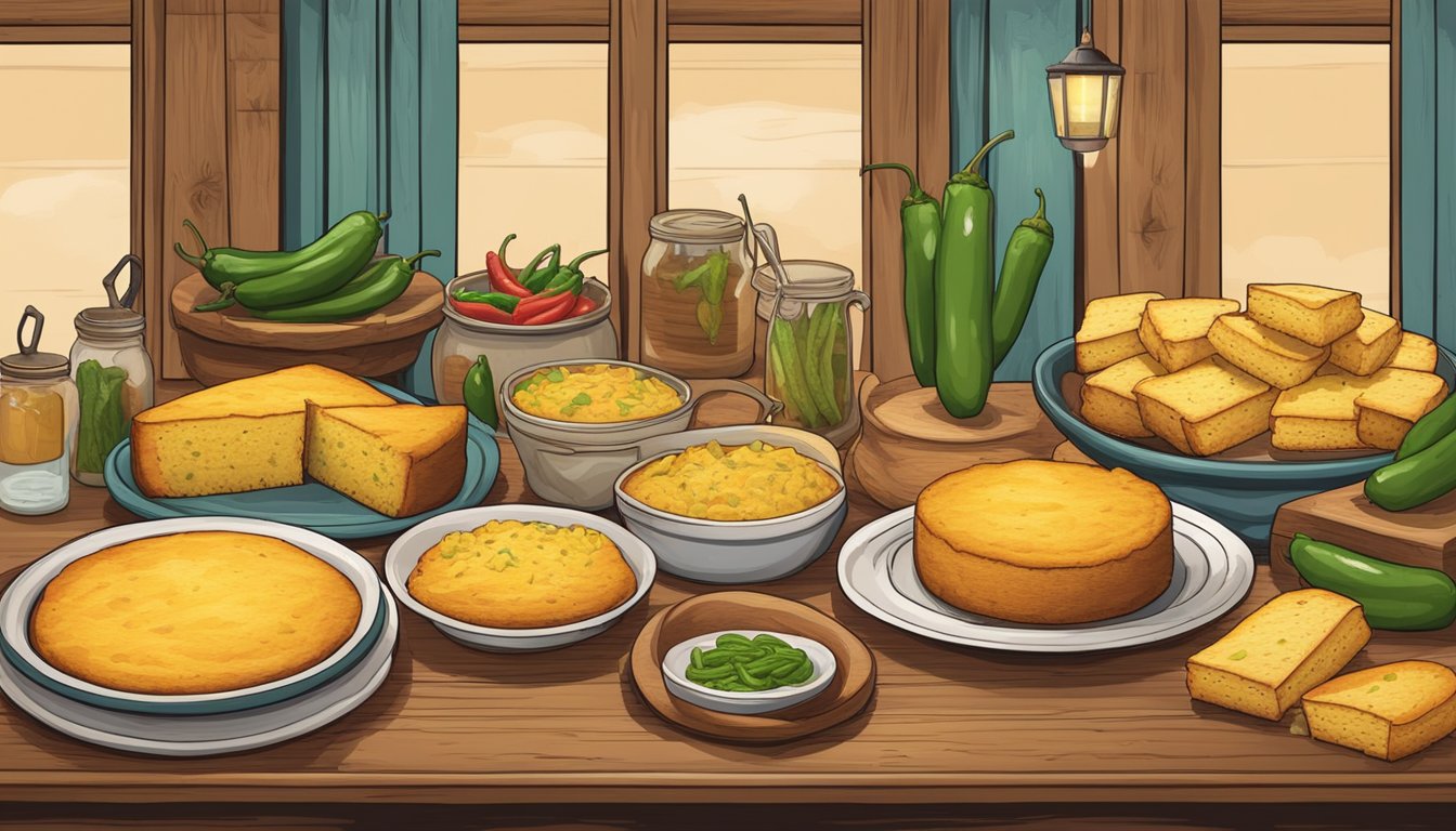 A rustic wooden table set with eight variations of jalapeño cornbread, surrounded by Texan-themed decor for a potluck