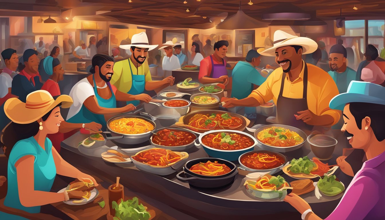 A bustling Tex Mex restaurant with colorful decor, sizzling fajitas, and aromatic chili con carne. Patrons enjoy lively conversation and the sound of sizzling skillets