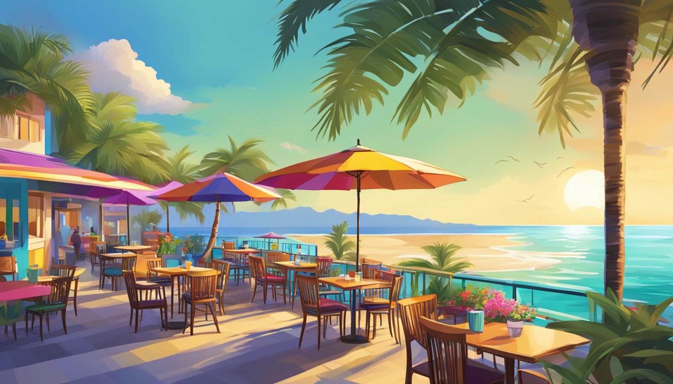 A vibrant beachfront cafe with colorful umbrellas, palm trees, and a view of the ocean