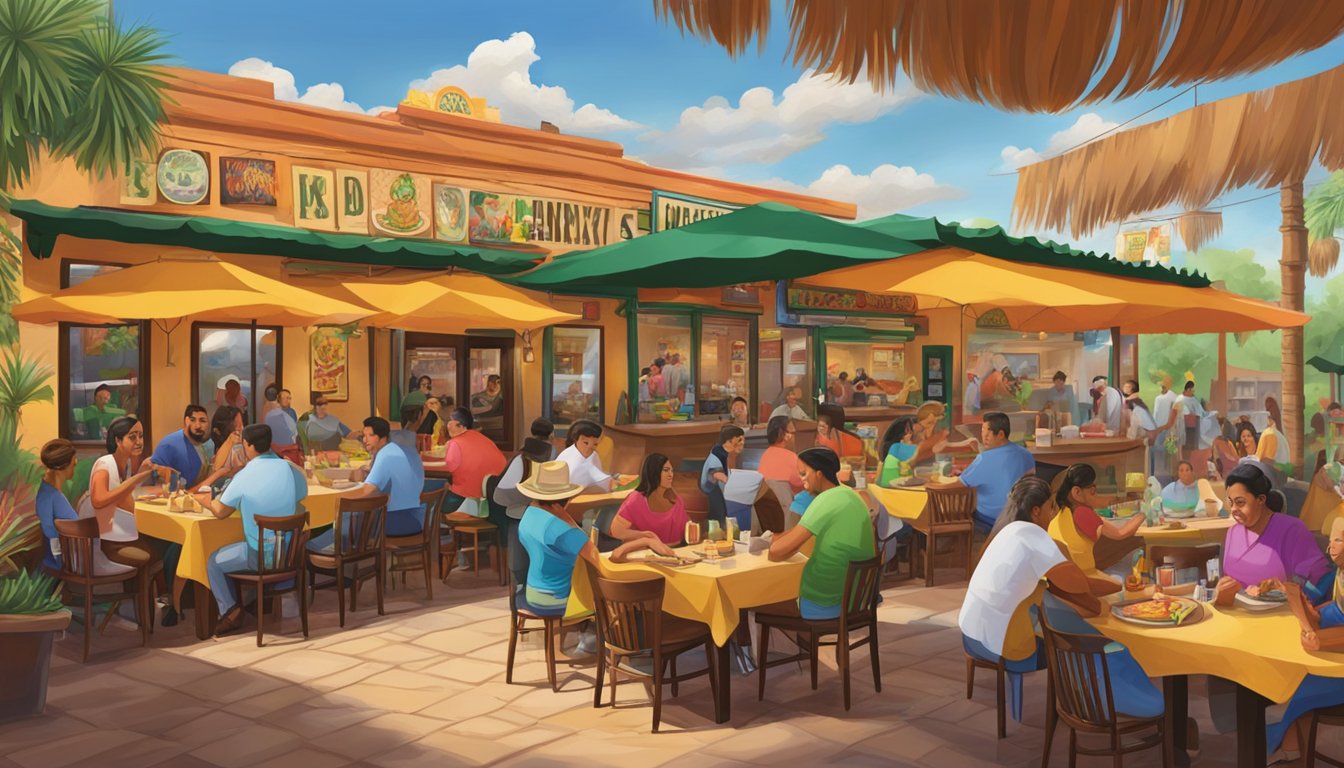 A bustling Tex-Mex restaurant with colorful decor, sizzling fajitas, and margaritas flowing at Los Bandidos De Carlos & Mickey's