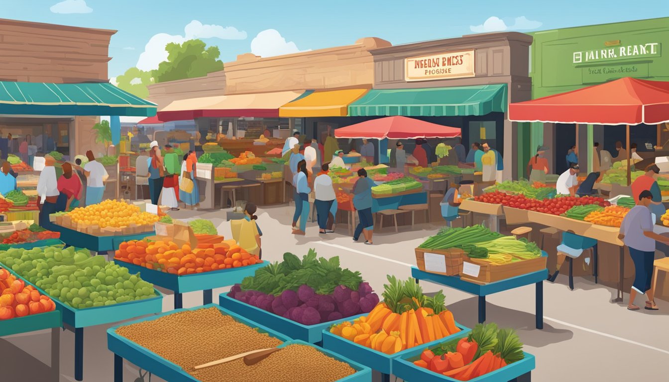 A bustling market with colorful displays of fresh produce, spices, and traditional Tex-Mex ingredients. A line of vibrant restaurants with outdoor seating