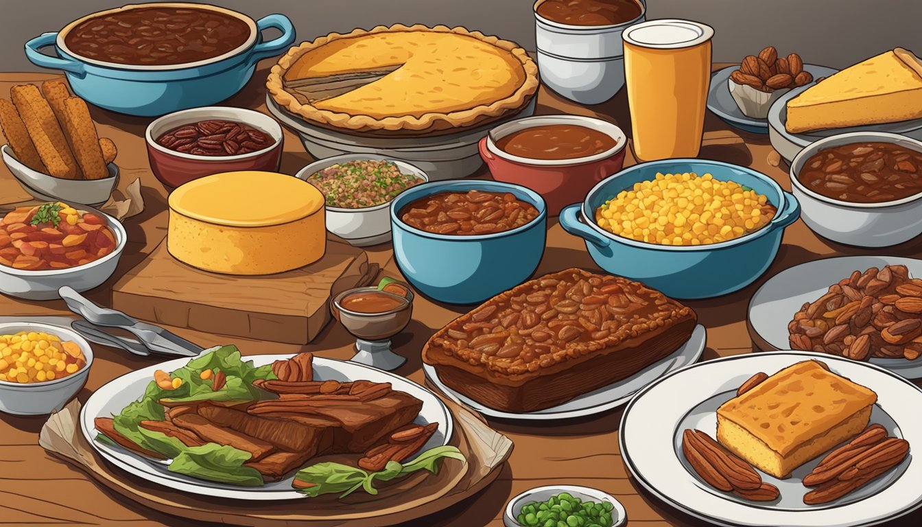 A colorful spread of Texan dishes arranged on a table, including chili, BBQ ribs, cornbread, and pecan pie, ready for a potluck gathering