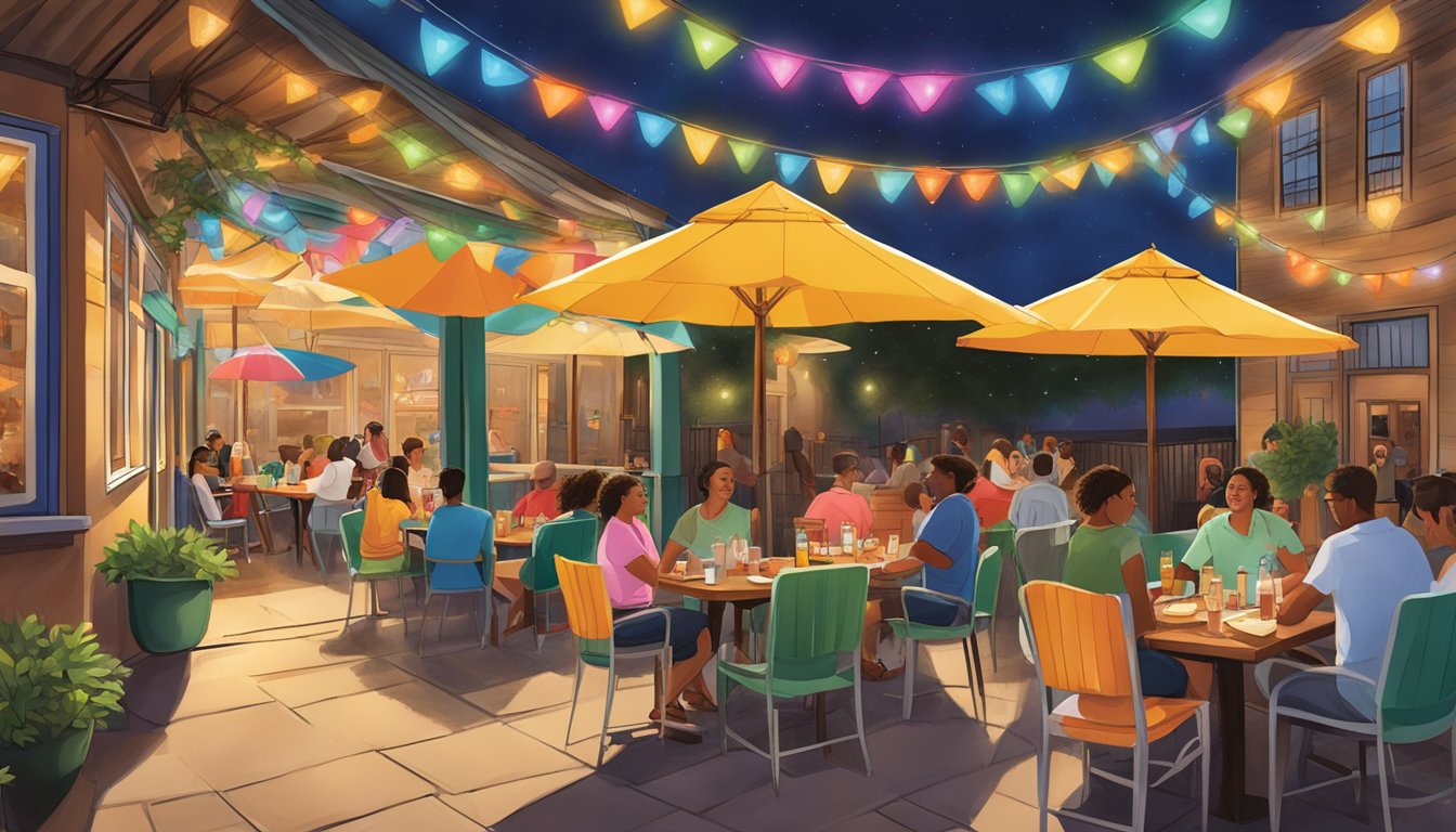 A festive outdoor patio with colorful umbrellas, string lights, and a lively atmosphere as patrons enjoy Tex Mex cuisine at Armadillo's Delight in Waco