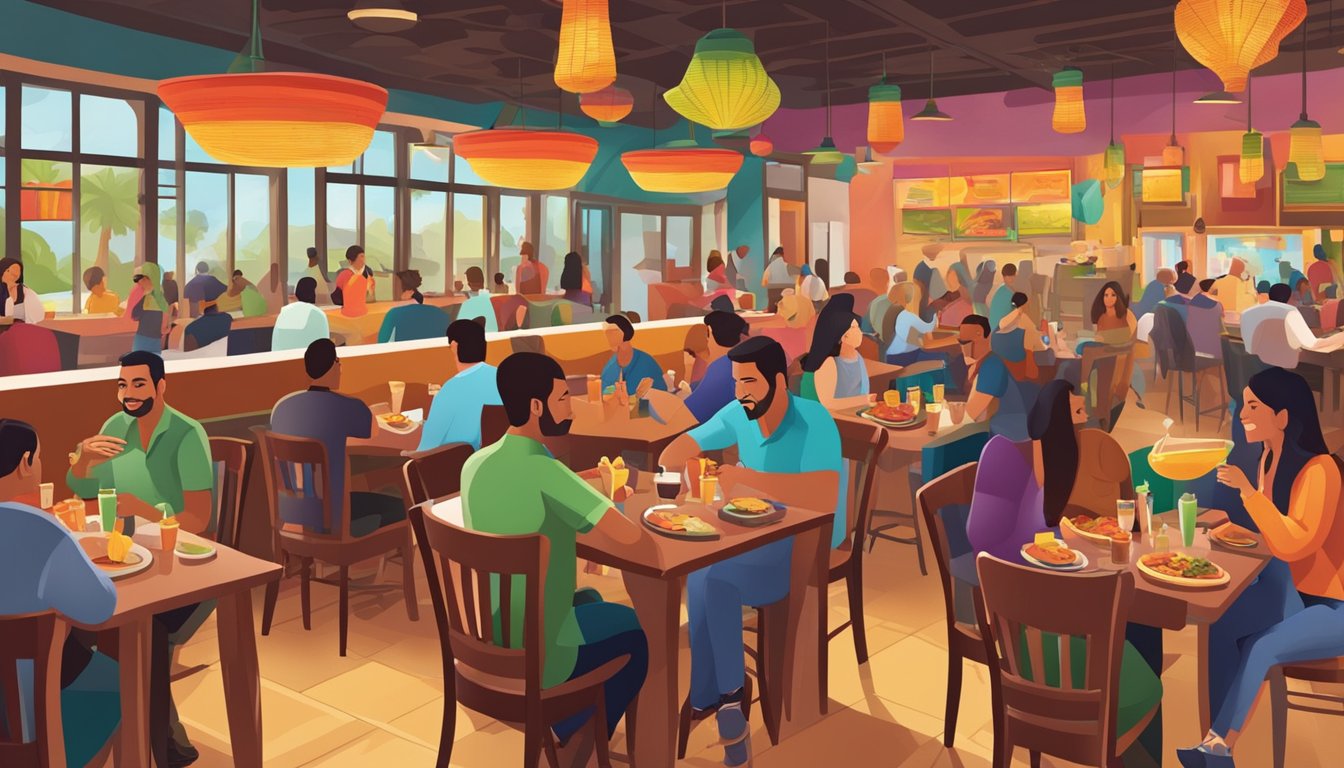 A bustling Tex-Mex restaurant with colorful decor and lively atmosphere. Tables filled with patrons enjoying sizzling fajitas and margaritas