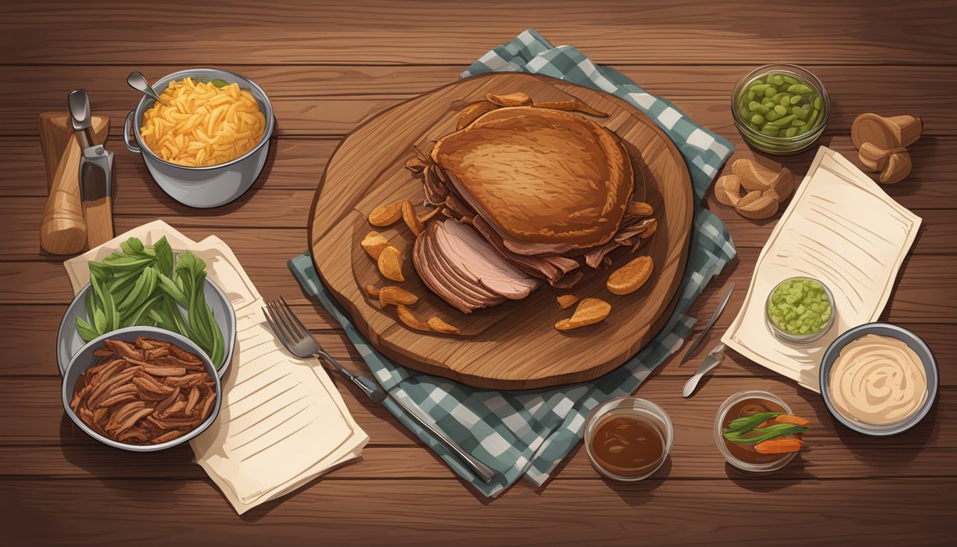 A rustic wooden table with a plate of BBQ pulled pork, surrounded by ingredients and recipe cards