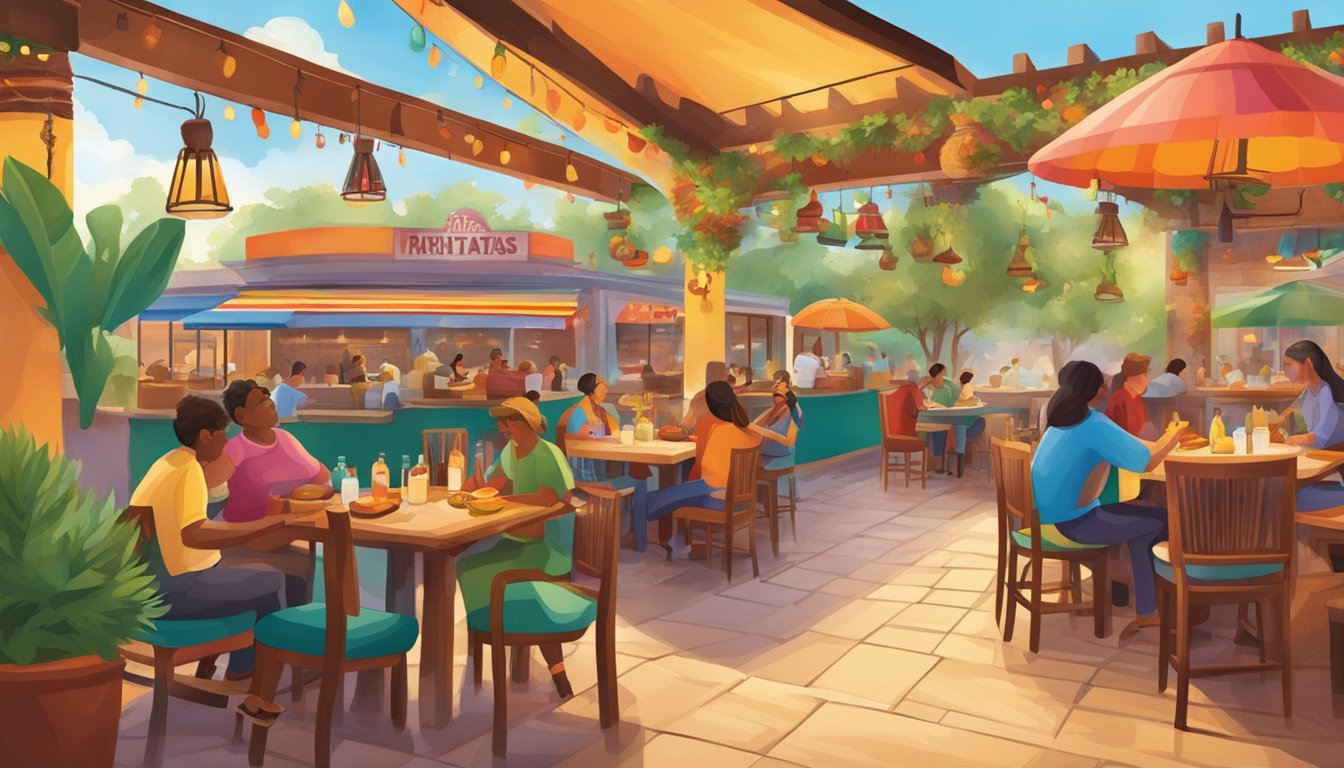 A bustling Tex-Mex restaurant with colorful decor, outdoor seating, and a lively atmosphere. The aroma of sizzling fajitas and smoky barbecue fills the air