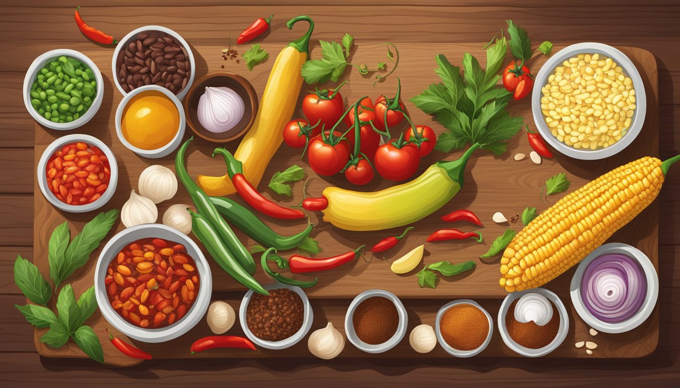 A spread of Texan ingredients including chili peppers, beef, corn, beans, tomatoes, onions, and various spices on a wooden cutting board