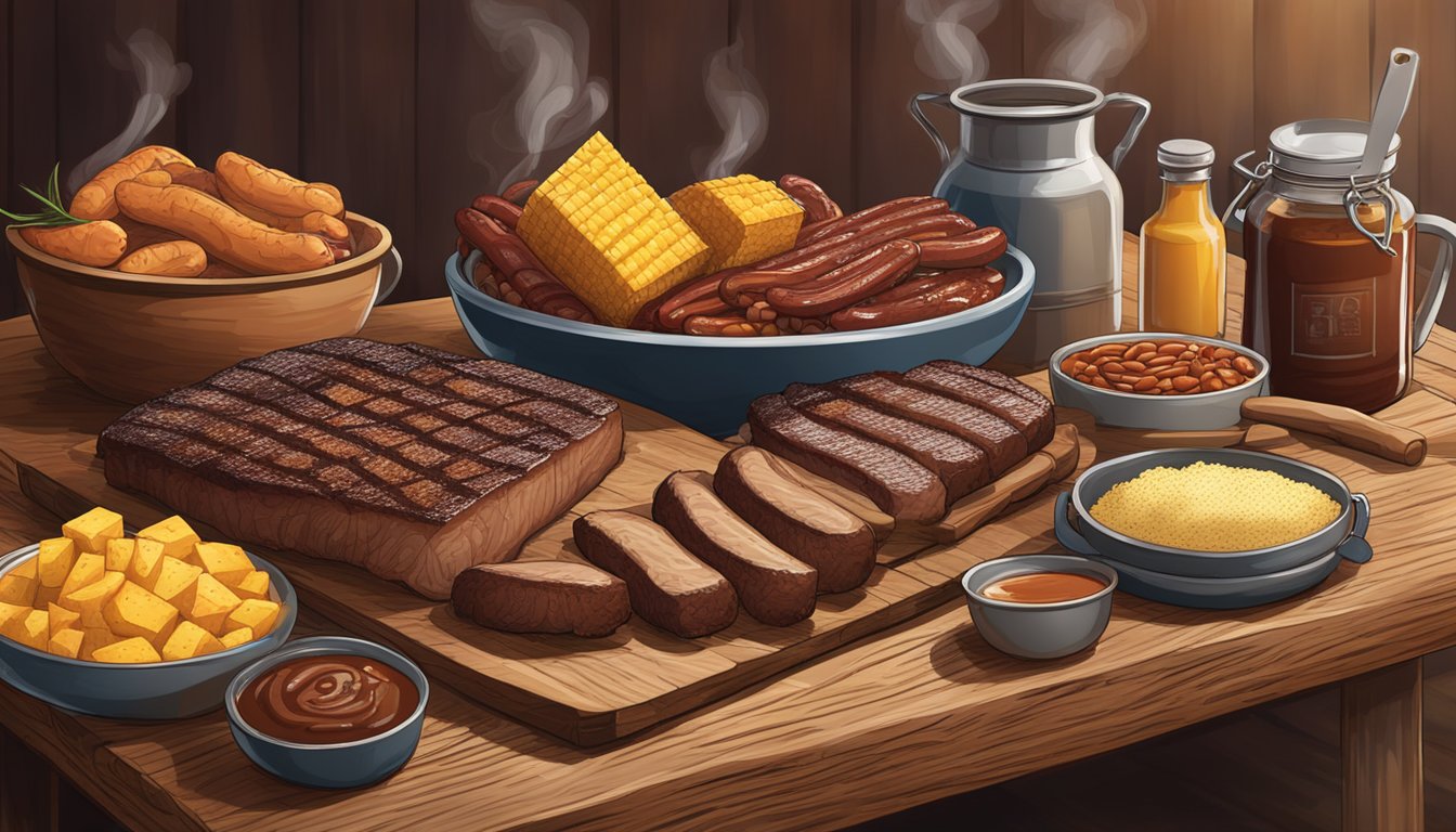 A rustic wooden table set with ingredients like brisket, ribs, sausage, cornbread, beans, and BBQ sauce. A grill smokes in the background