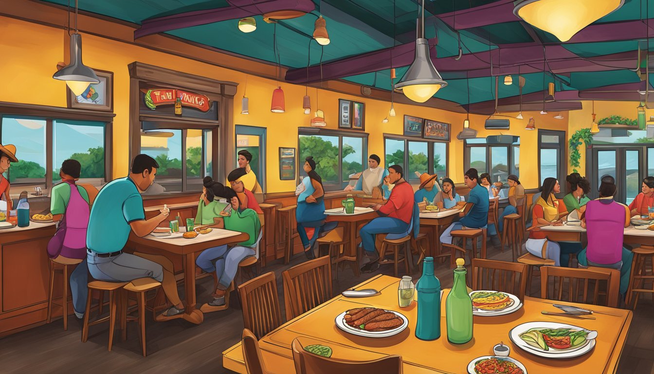 A bustling Tex-Mex restaurant in Waco, Texas, with vibrant decor and sizzling fajitas on the grill