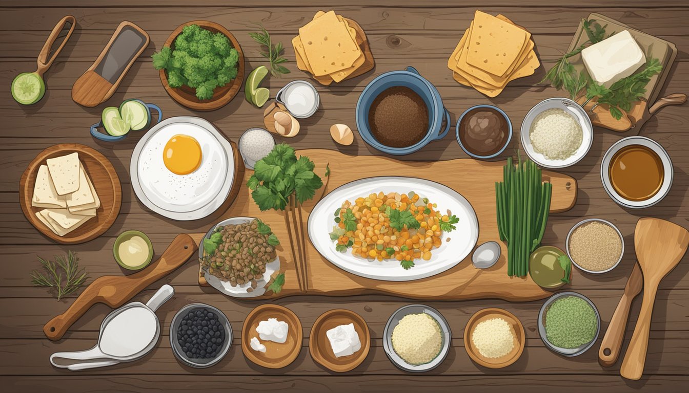 A spread of Texas ingredients and cooking utensils laid out on a rustic wooden table, with a variety of recipe cards scattered around