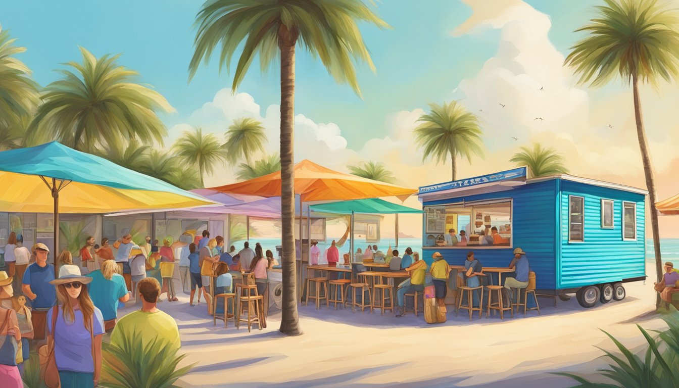 A colorful beach hut surrounded by palm trees, with a line of hungry customers eagerly waiting to order from the top 10 Texas food trucks in Corpus Christi