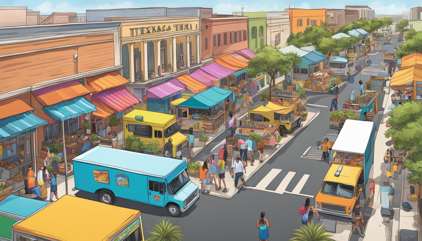 A bustling street lined with colorful food trucks serving up classic Texas cuisine in Corpus Christi