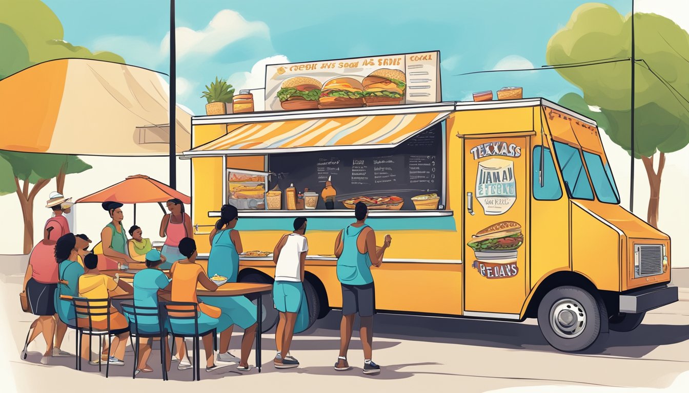 A colorful food truck with a large menu board, surrounded by customers enjoying their meals under the Texas sun