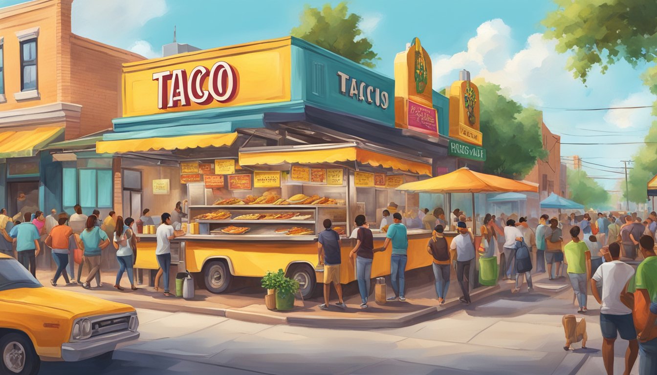 A vibrant street scene with a bustling taco stand, colorful signage, and a crowd of people enjoying tacos al pastor in Dallas, Texas