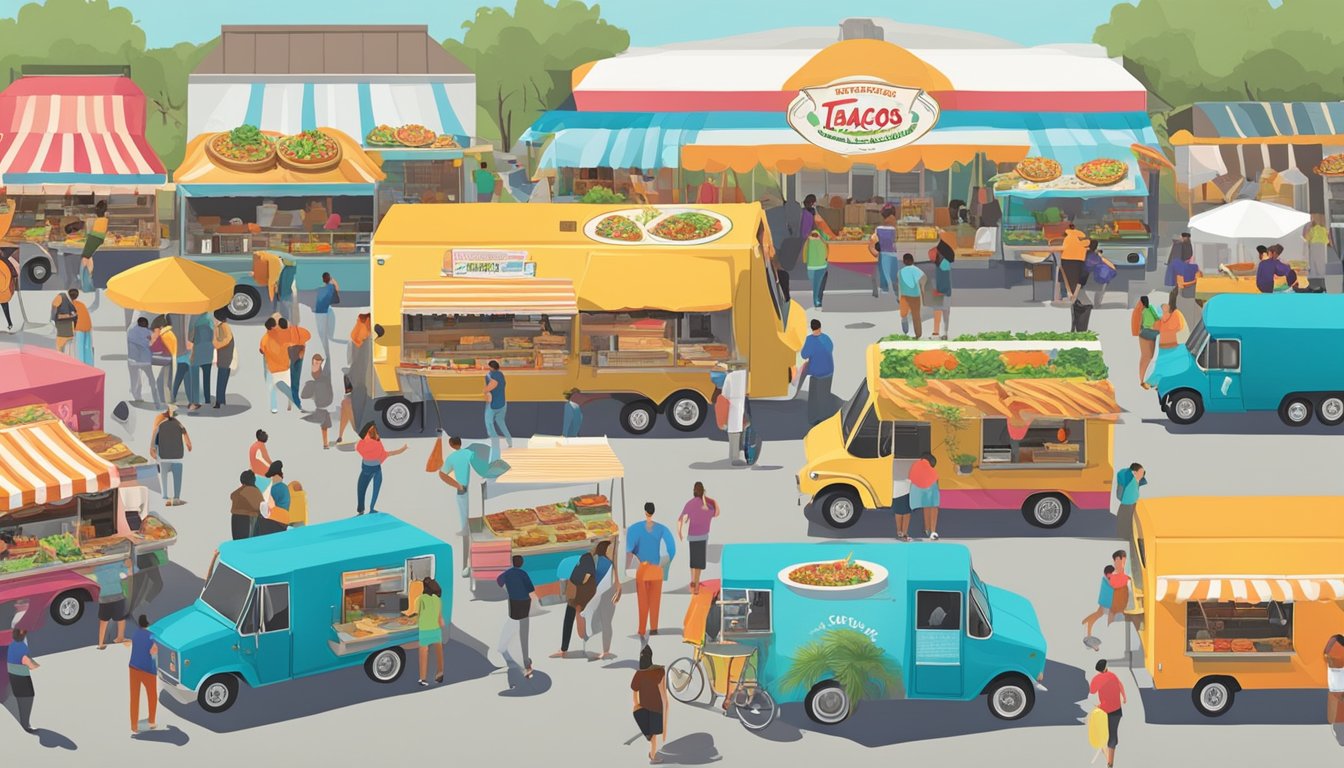 A bustling food truck festival with colorful trucks serving up delicious tacos in Corpus Christi, Texas