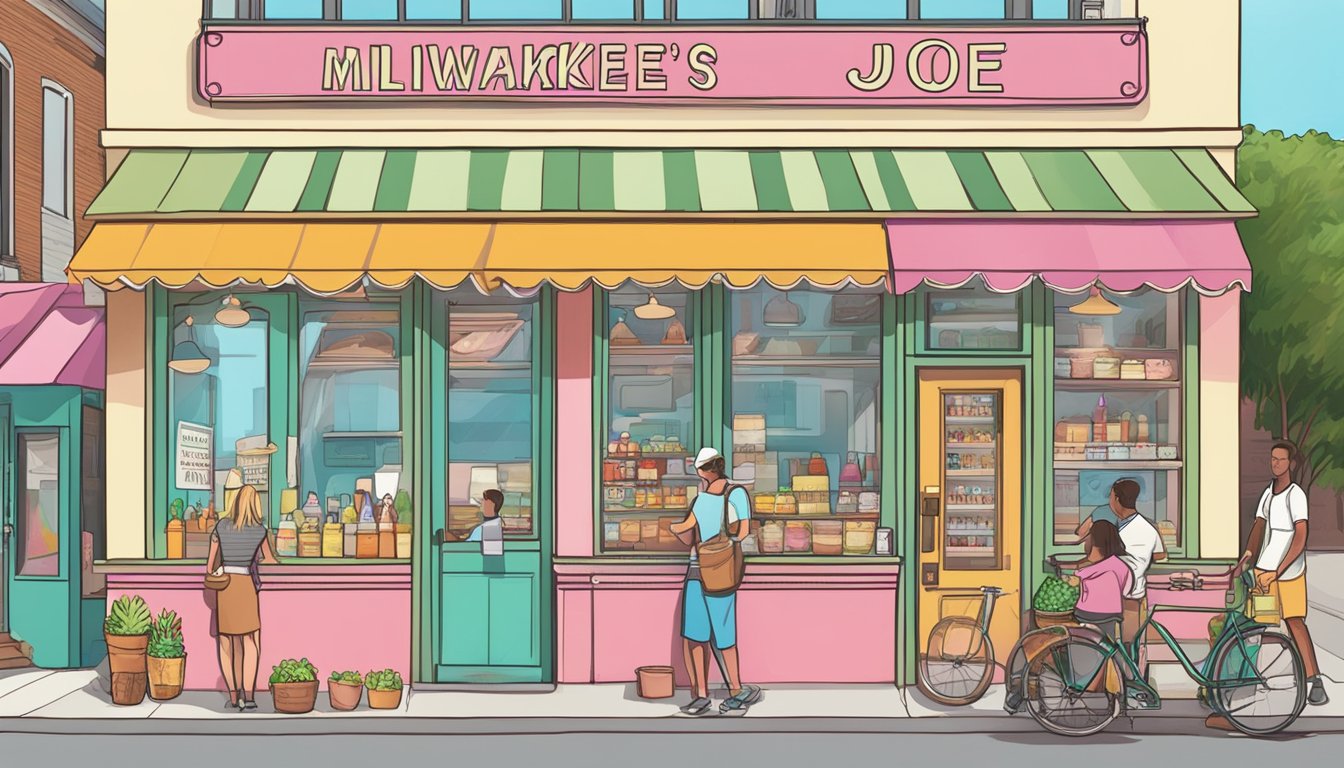 A colorful ice cream shop with a line of customers outside on a hot summer day. A sign reads "Milwaukee Joe's Gourmet Ice Cream."