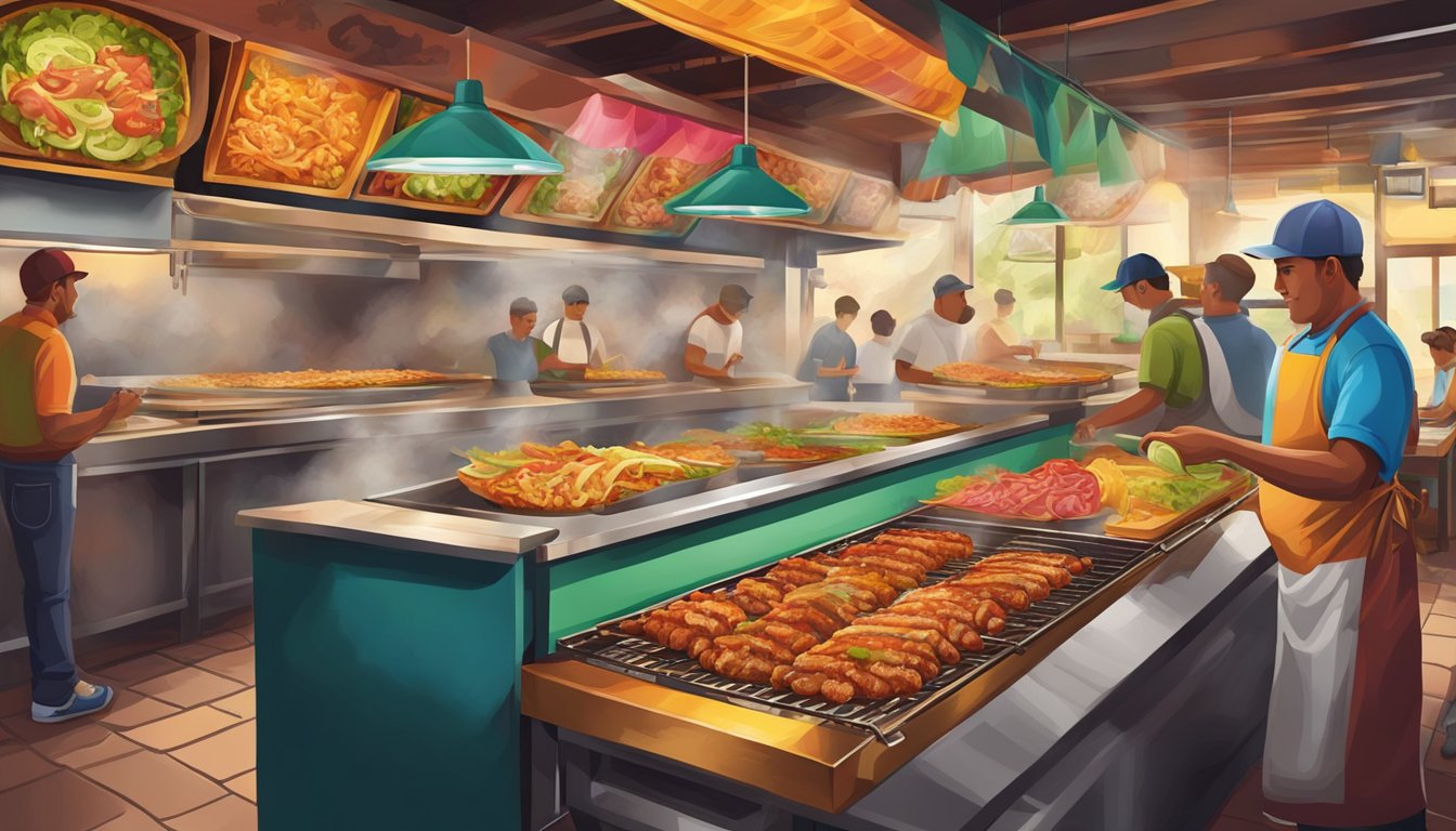 A bustling taqueria with colorful decor and a vibrant atmosphere, featuring a large spit of marinated pork rotating on a vertical grill, ready to be carved into tacos al pastor