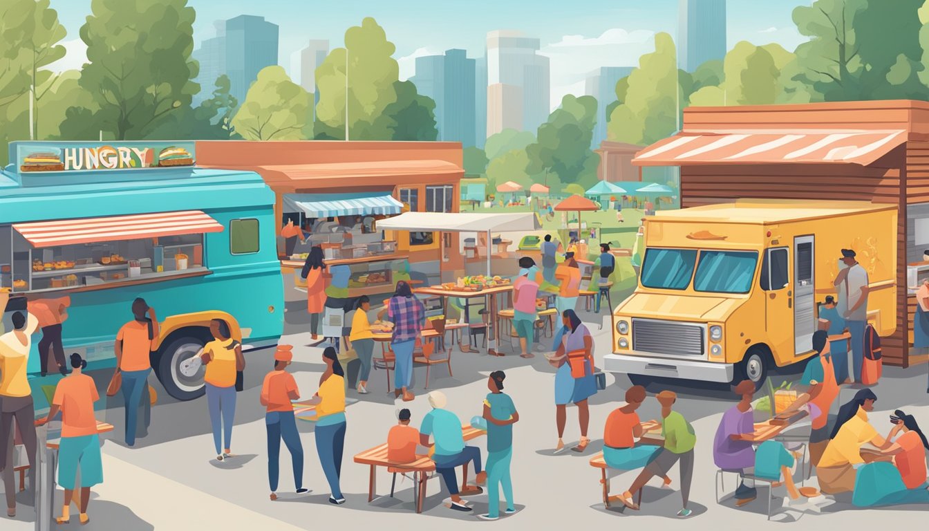 A bustling food truck park with colorful trucks, picnic tables, and a line of hungry customers