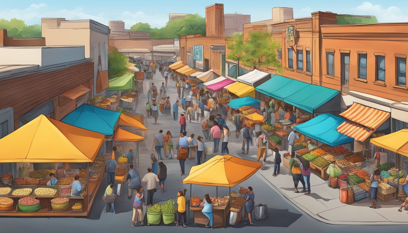 A bustling street market with colorful taco stands, savory aromas, and lively music in Fort Worth, Texas