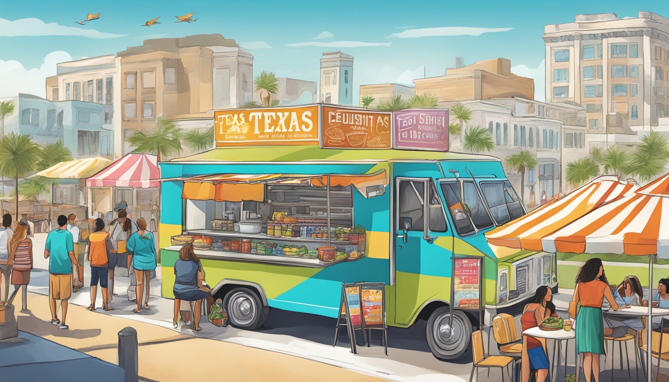 A bustling coastal street lined with colorful food trucks serving up the top 10 Texas dishes in Corpus Christi