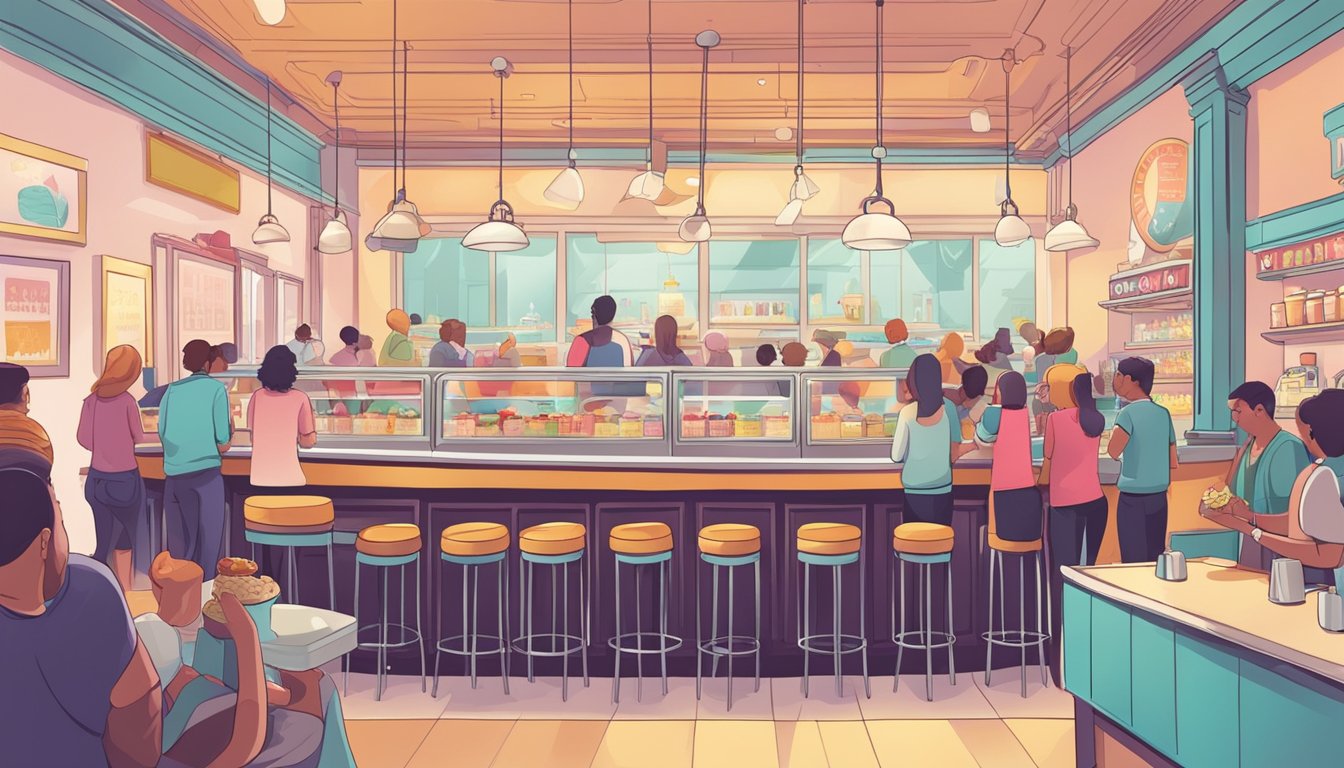 A bustling ice cream parlor with colorful decor and a long line of customers eagerly waiting to order scoops of delicious, creamy treats