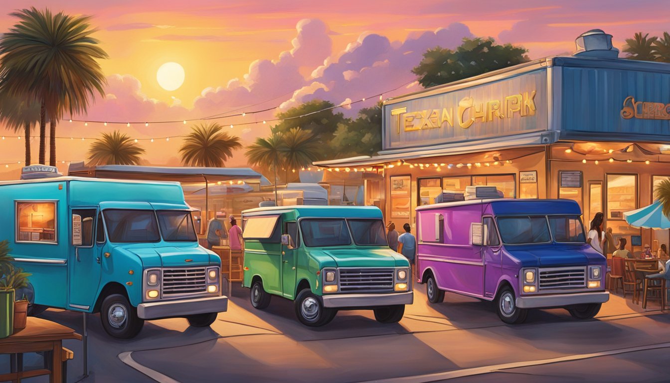 A bustling food truck park in Corpus Christi, Texas, with colorful trucks serving up a variety of delicious Texan cuisine. The sun sets over the nearby island, casting a warm glow over the scene