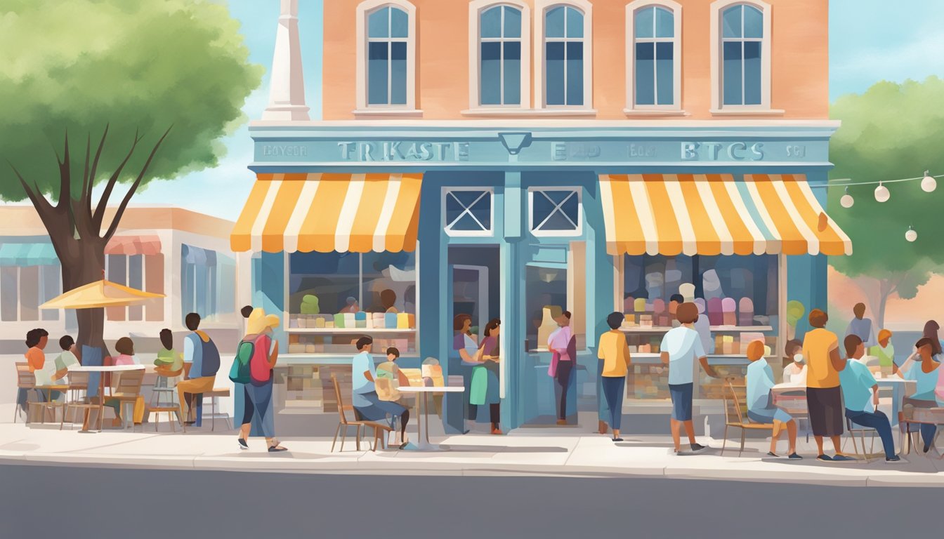 A bustling ice cream shop with colorful awnings and a line of customers outside on a sunny Texas day