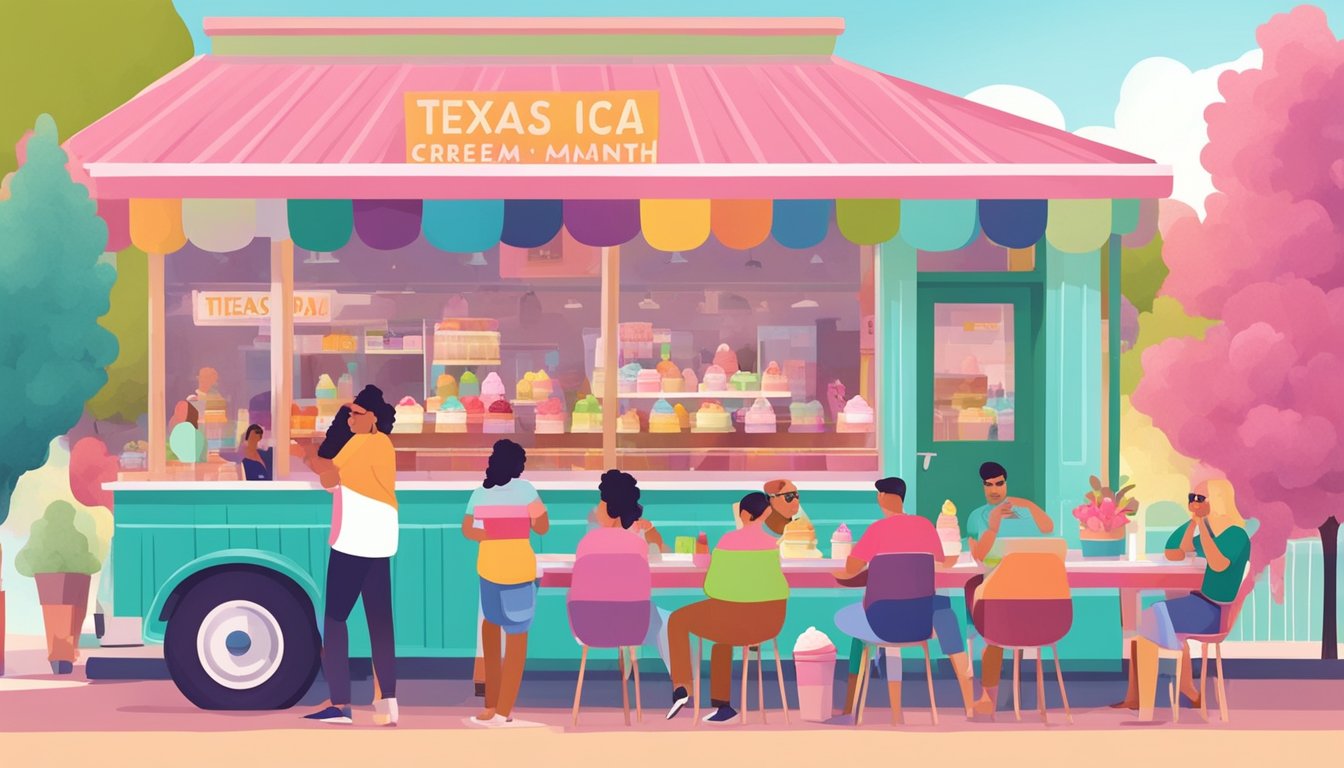 People enjoying ice cream at colorful Texas ice cream shops during National Ice Cream Month