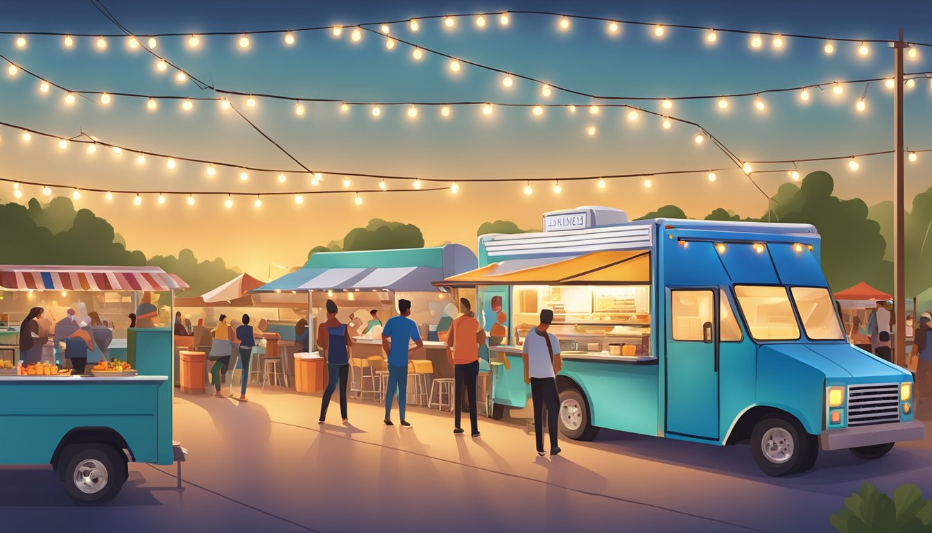 A bustling food truck park with colorful trucks serving up Texas favorites like BBQ, tacos, and burgers. Customers line up at picnic tables under string lights