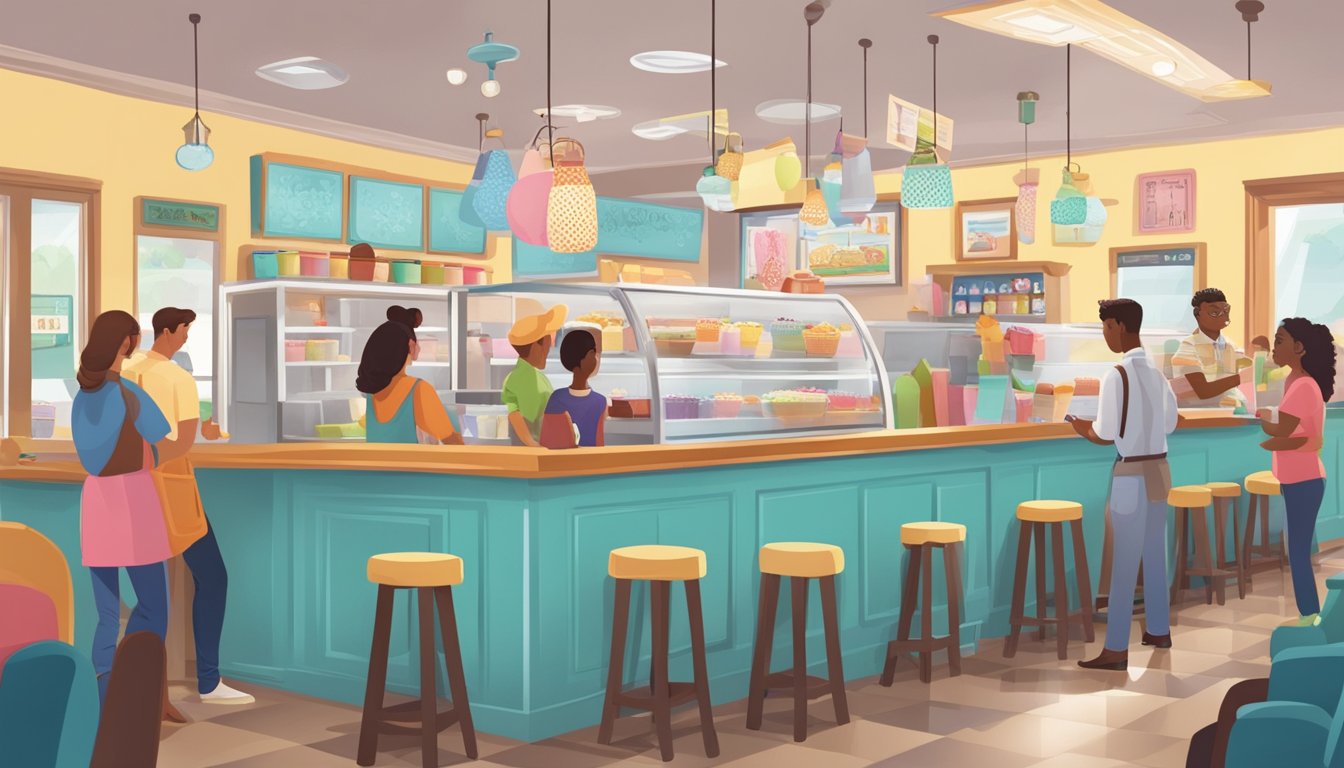 A bustling Texas ice cream parlor with colorful decor and a line of customers eagerly waiting to order their favorite frozen treats