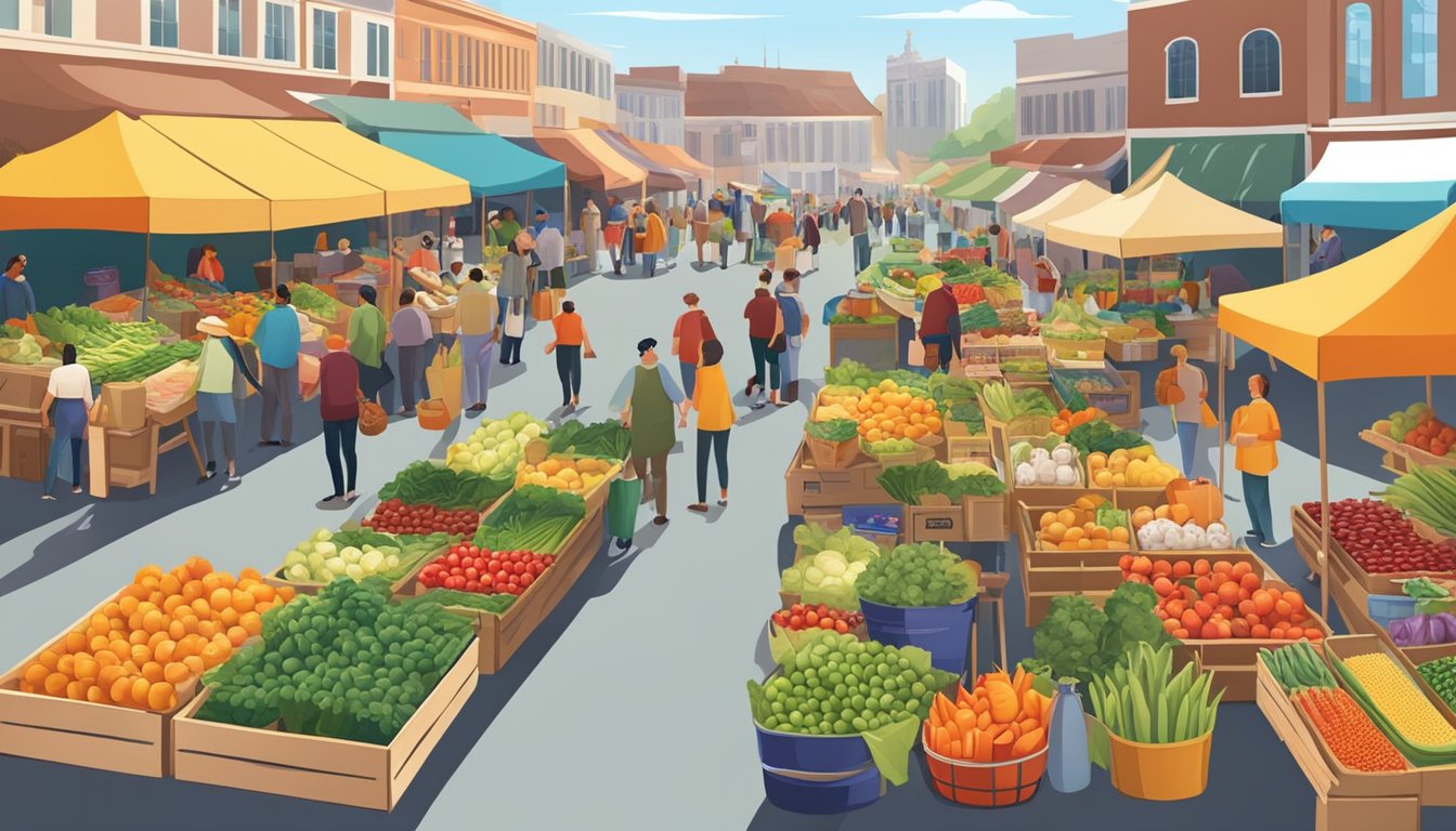 A bustling farmers market with colorful stalls and a variety of fresh produce, surrounded by vendors and customers