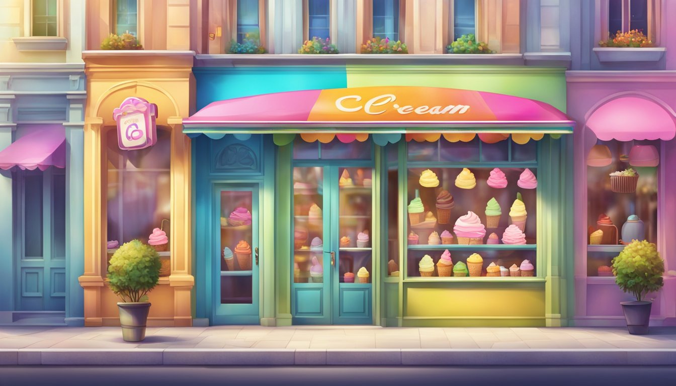 A colorful ice cream shop sign in a vibrant city street