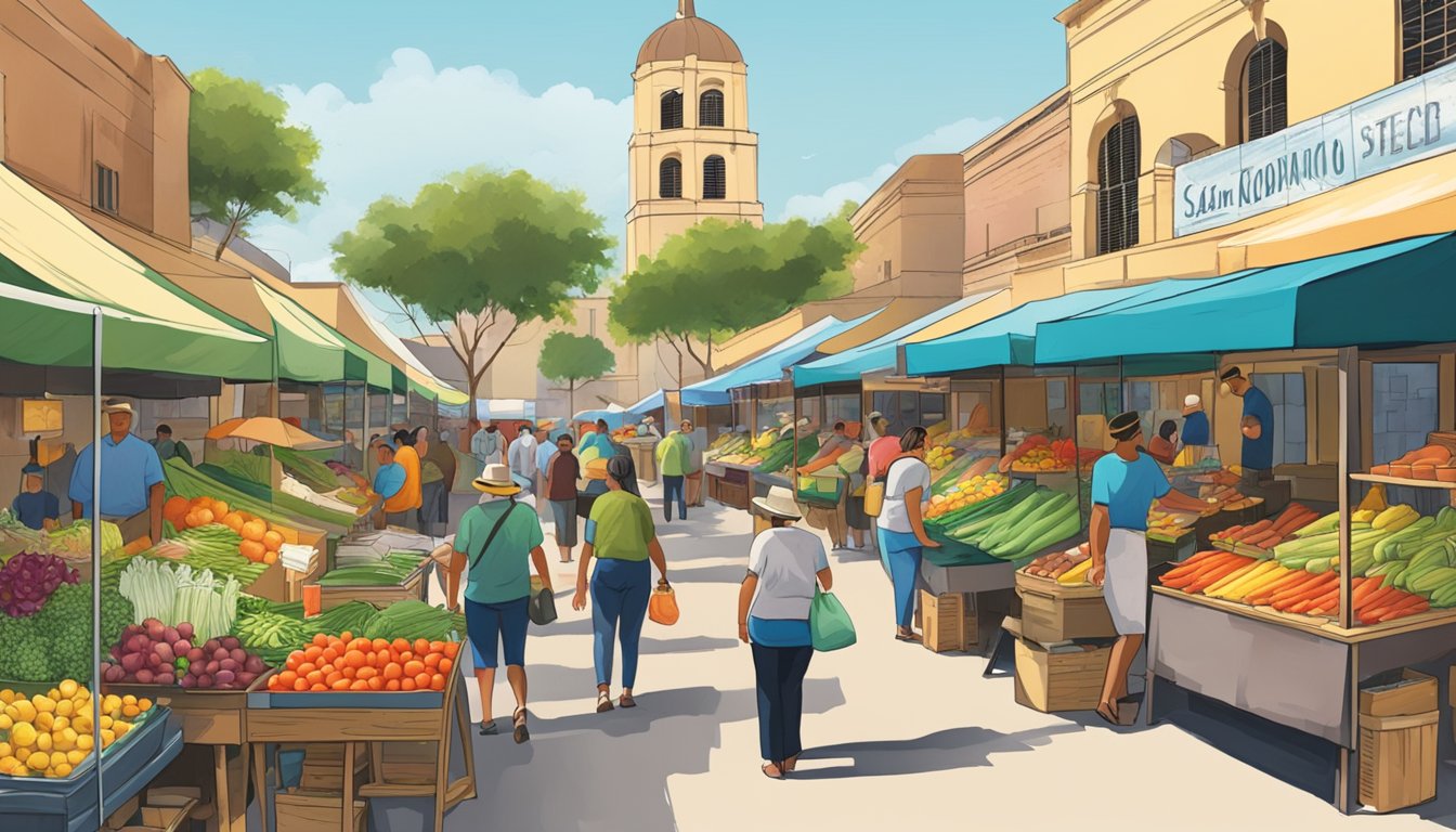 A bustling market with colorful stalls selling fresh produce in San Antonio, Texas