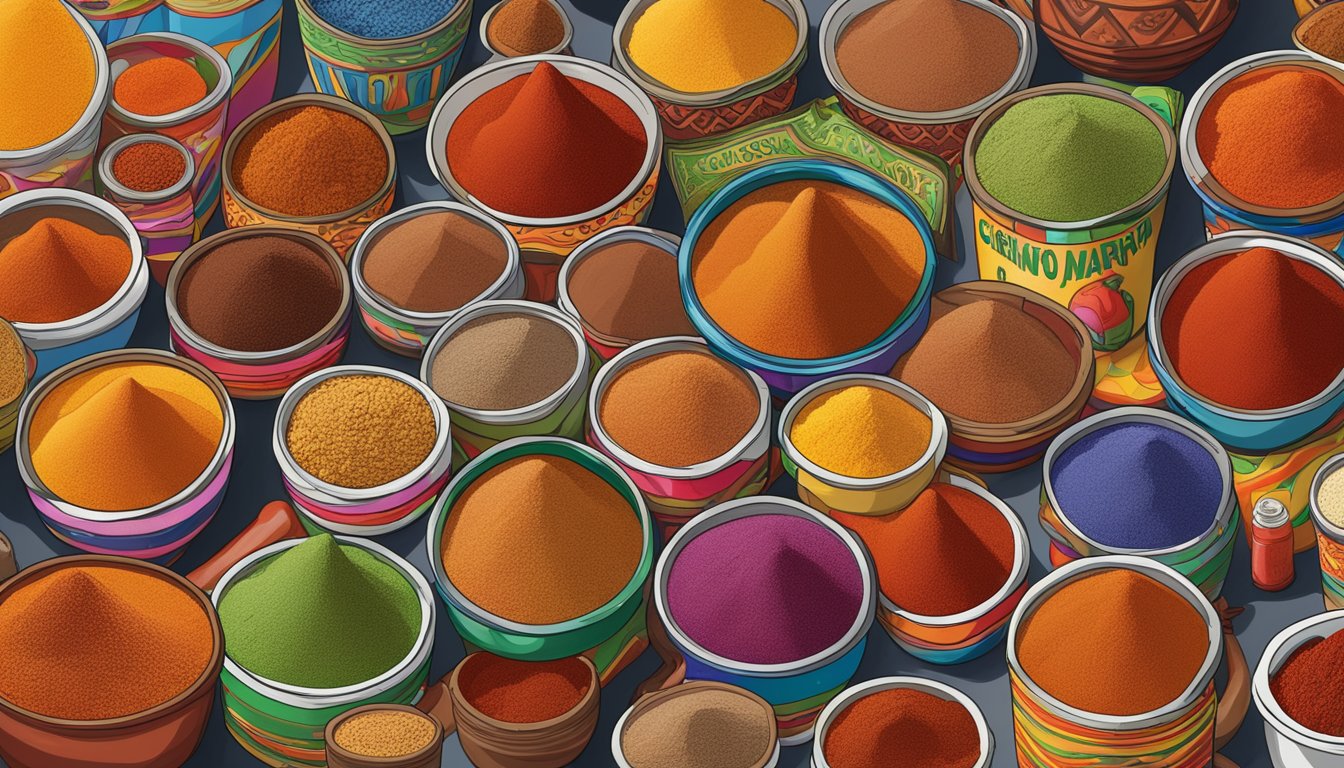 A colorful display of Chimayo Red Chile Powder at Fiesta Mart, surrounded by other specialty food items in a bustling Texas market