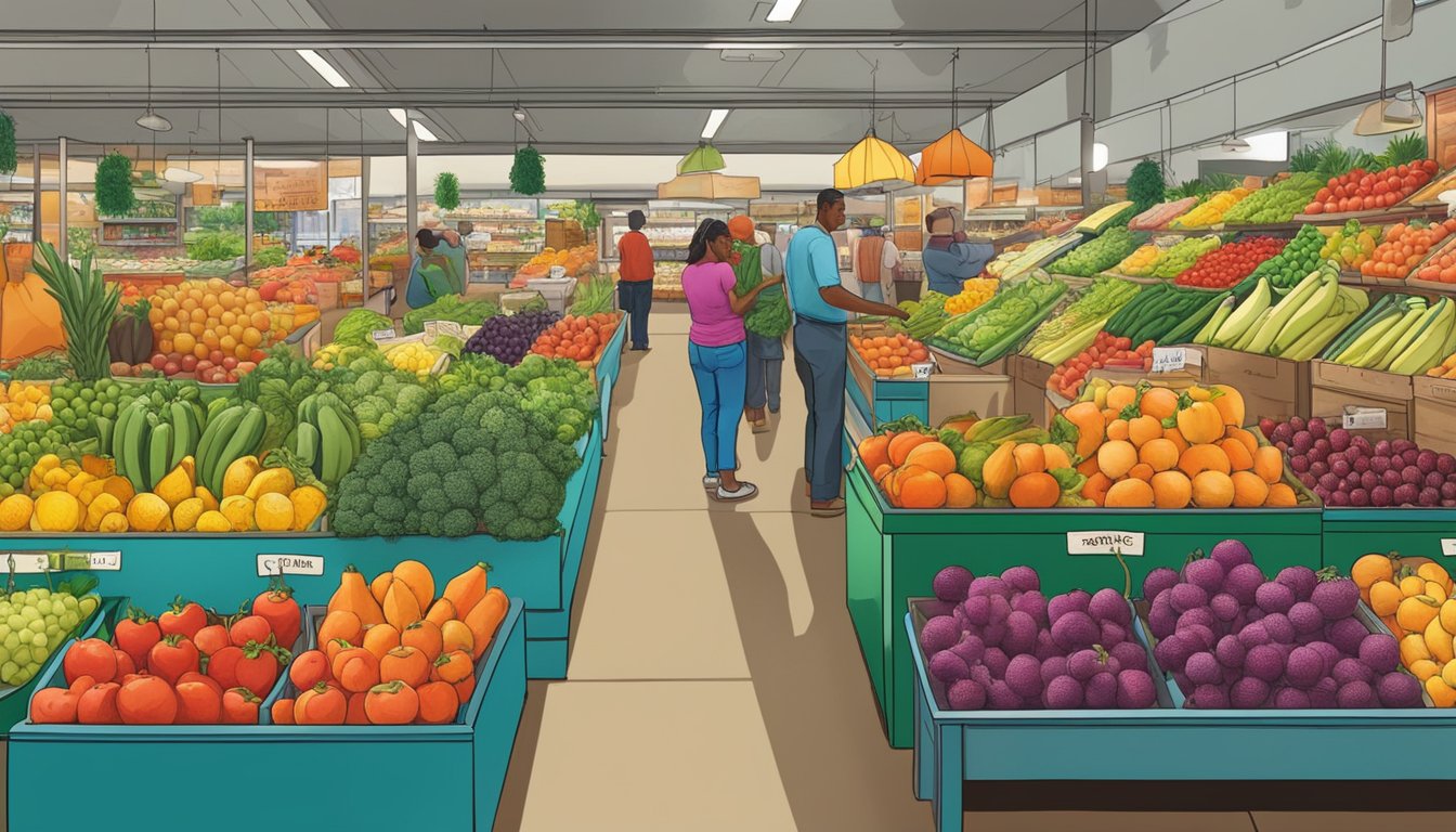 Colorful produce displayed at Texas food markets, with vibrant fruits and vegetables arranged neatly on stands. Customers browsing and selecting fresh items