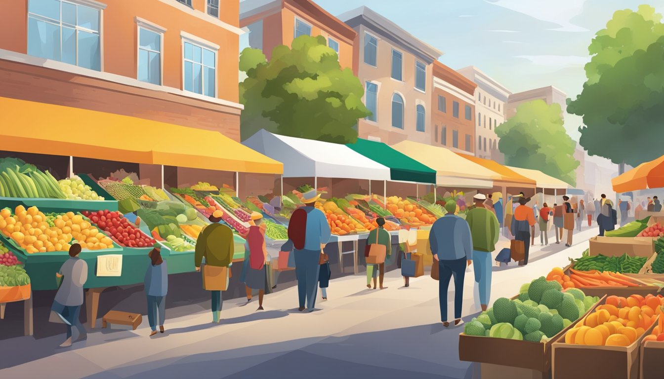 A bustling farmers market with colorful displays of fresh fruits and vegetables, surrounded by eager shoppers and vendors showcasing their quality produce