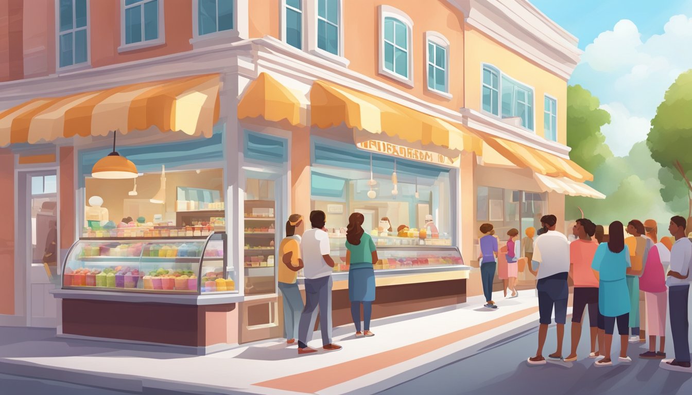 A bustling ice cream shop with a colorful storefront and a line of customers eagerly waiting to order their delicious treats