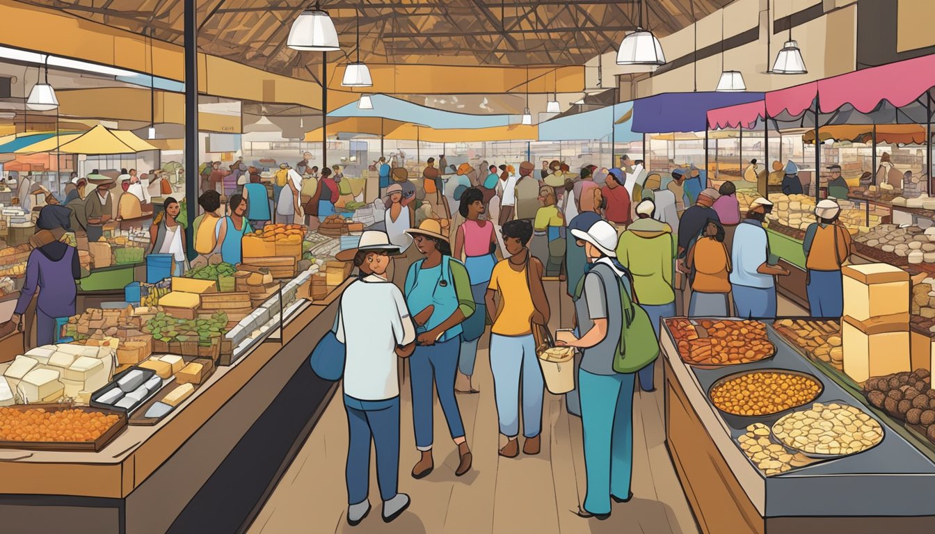 A bustling Texas food market with colorful stalls selling specialty items like artisanal cheeses, gourmet chocolates, and unique spices. Customers browse the diverse selection of products, while vendors engage in lively conversation