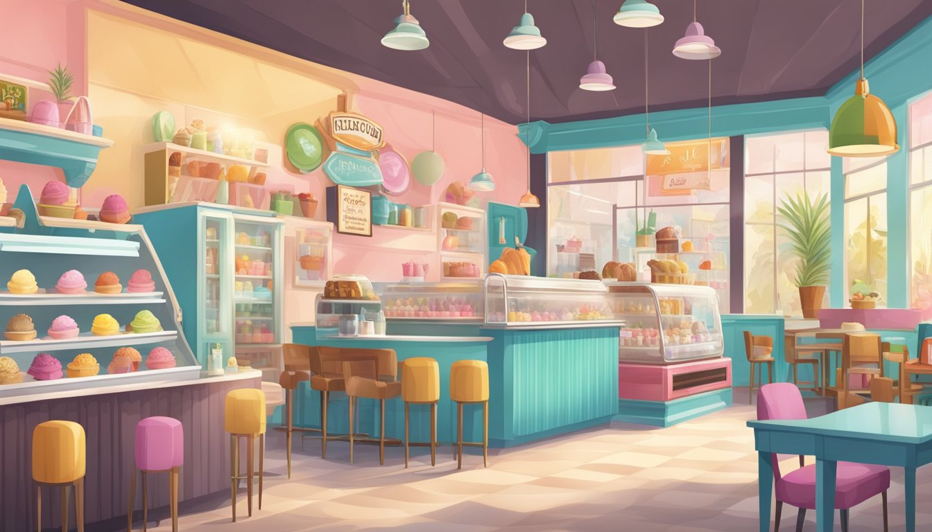 A colorful ice cream shop with a vintage feel, featuring a large selection of unique flavors and a welcoming atmosphere