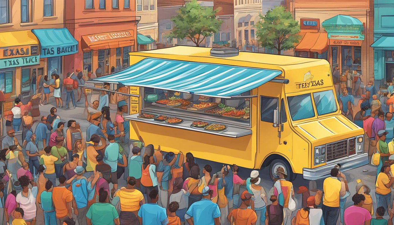 A food truck surrounded by a bustling crowd, serving up Texas Brisket Tacos in Fort Worth. A colorful, vibrant scene with people enjoying their delicious street food