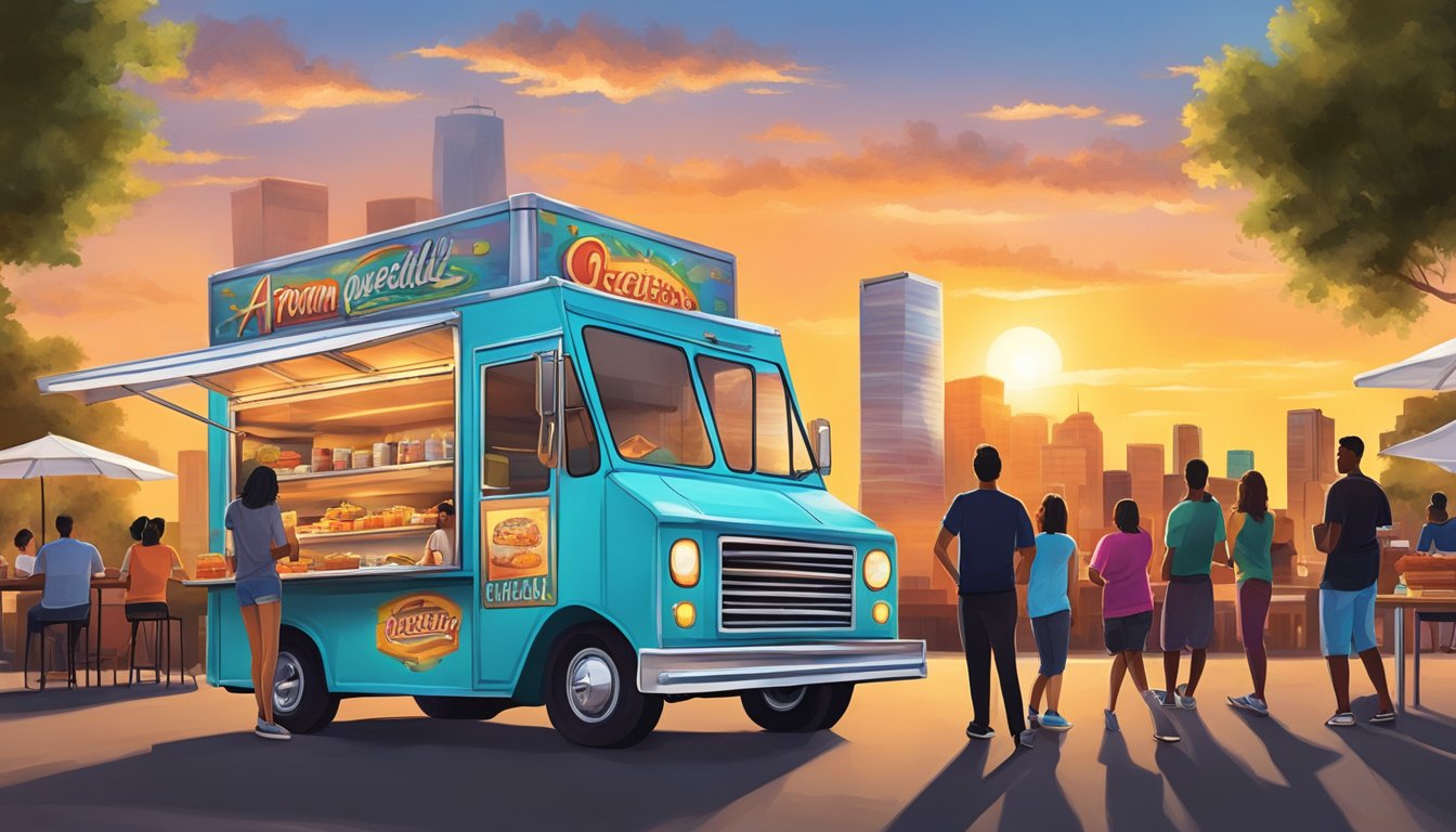 A vibrant food truck surrounded by hungry customers in Fort Worth, Texas. The aroma of sizzling quesadillas fills the air as the sun sets behind the city skyline