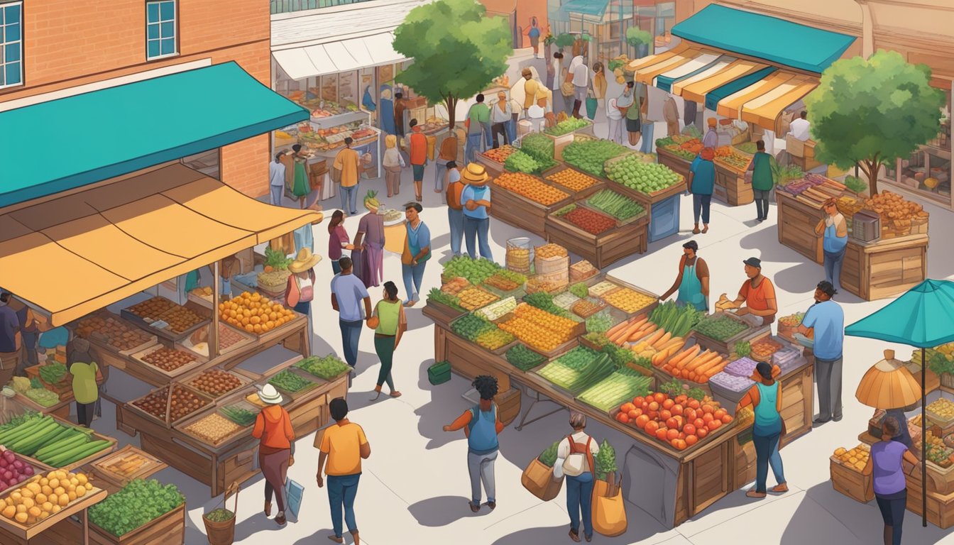 A bustling Texas farmers market with colorful stalls and a variety of fresh produce, baked goods, and artisan crafts. Busy shoppers mill about, enjoying the lively atmosphere